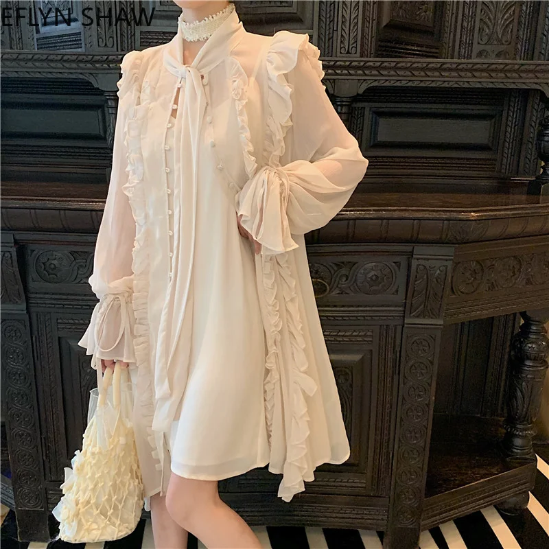 

Fairy Beach Dress Palace Style Ruffles Long Sleeve Dress Women French Retro Buttons Design Fashion Perspective Shirt Dress