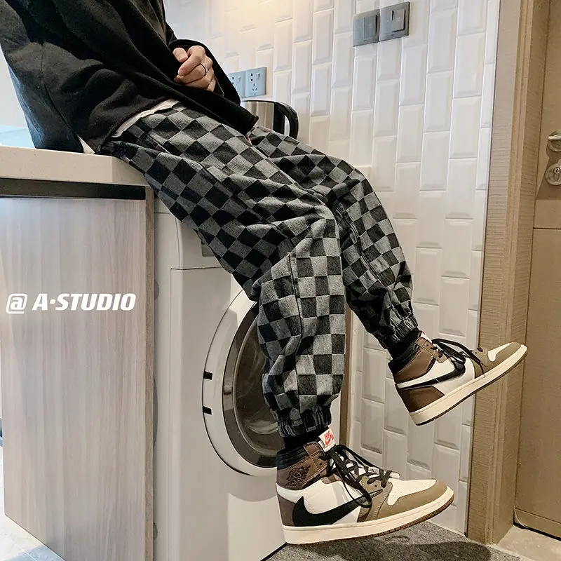 

Plaid Jeans Men's Fashion Jogger Loose Wide Leg Pants Fashion Streetwear Harem Pants Ankle Length Baggy Pants Casual Trousers