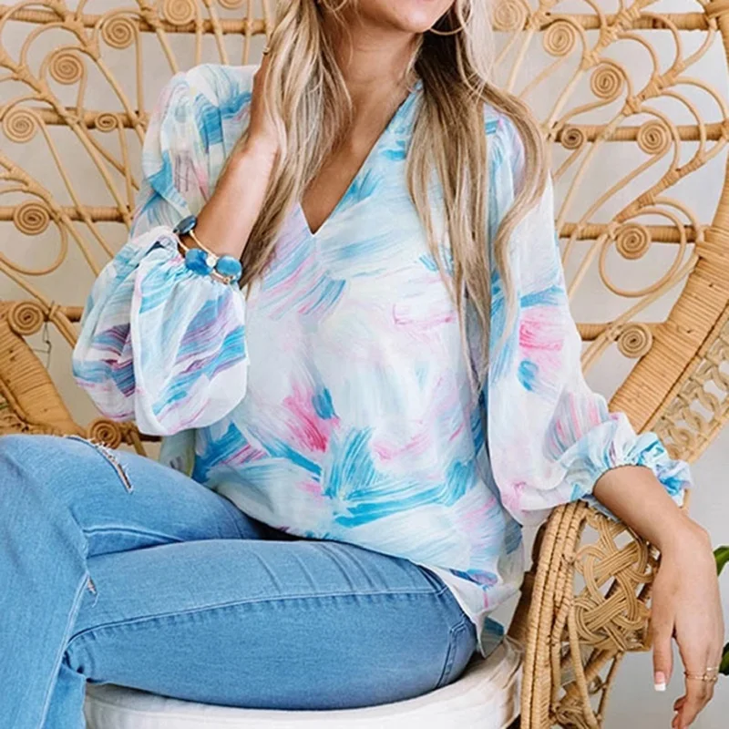 

Женская шифоновая рубашка с длинным рукавом-фонариком и V-образным вырезом