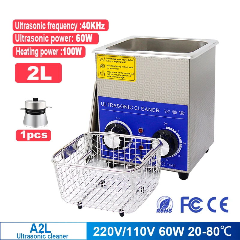2L 60W Portable Ultrasonic Cleaner, Ultrasonic Jewelry Cleaner, with Heater Timer,  Glasses Dental Nozzle Hardware 20-80℃