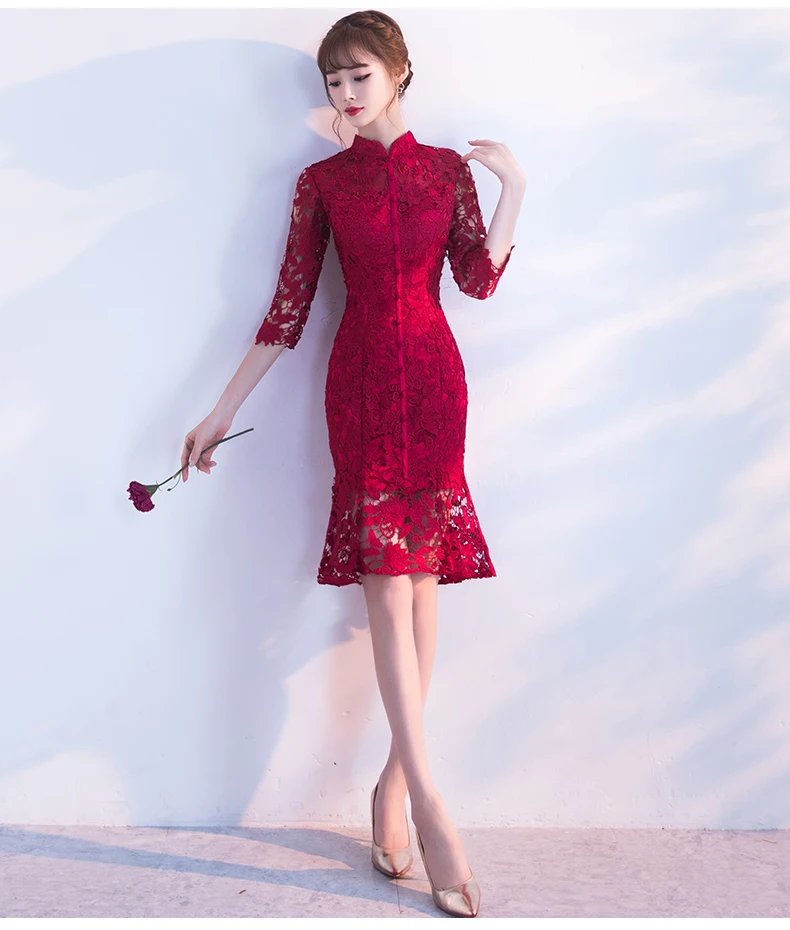 

Evening Party cheongsam qipao dress Gowns Qipao Traditional Chinese Women Wedding Dress Slim Red Lace Half Sleeve Cheongsam