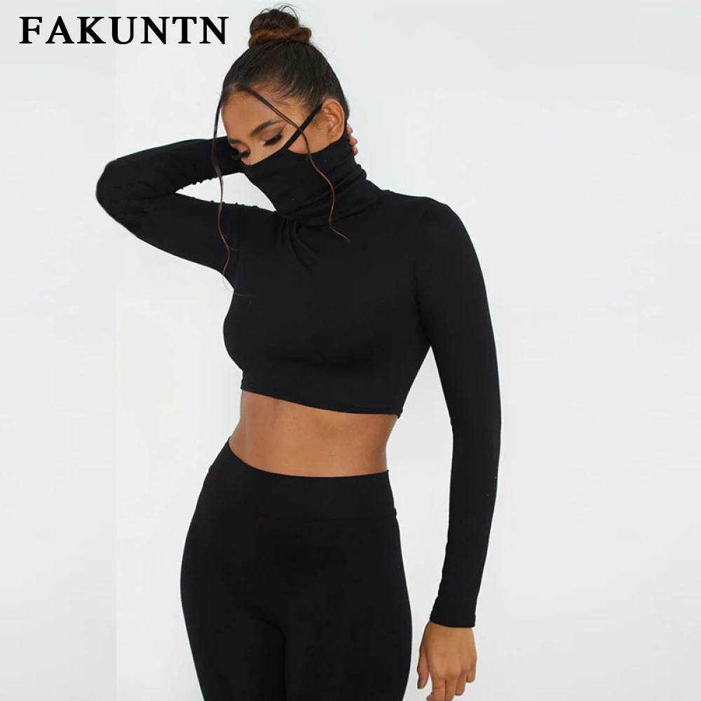 

FAKUNTN 2021 Women Sets Autumn Winter Fashion Lounge Wear Cover Your Face Tops and Pants Black Sexy Two Piece Set Women Clothes