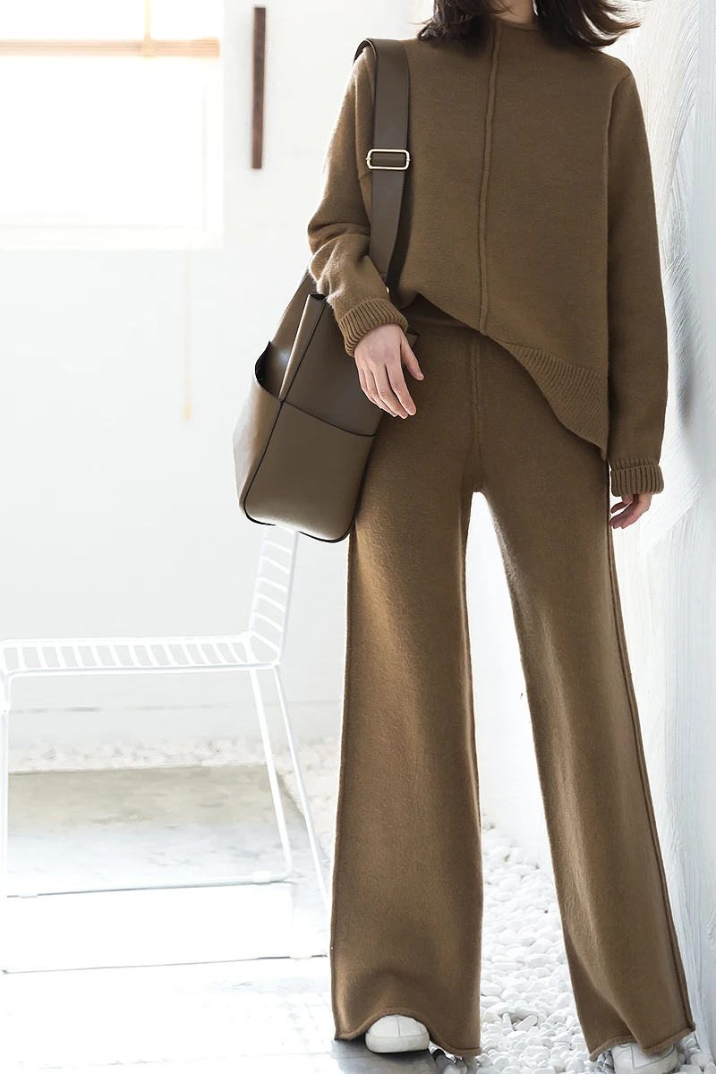 

Women's Suit Loose Round Neck Pullover Sweater Wide Leg Pants Tracksuit Women Set Two Piece Pant 2020 Sale New High Waist Knit