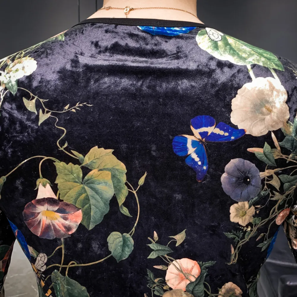 

2019 Casual Long Sleeve T Shirt Luxury Corduroy Flower Print Round Neck Vintage Tshirts Men Tops Tees Streetwear Slim Fit Tshirt