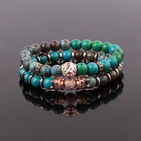 dropshipping new design natural stone cz pave crown lion charm custom elastic bracelet set men women jewelry gift