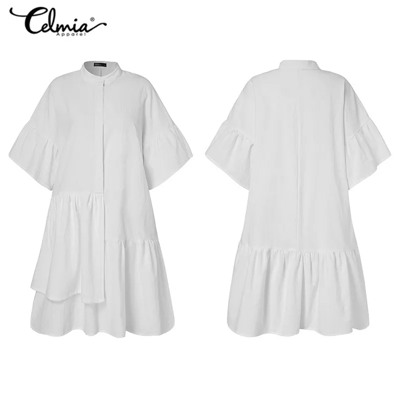 Women Dress Autumn 2022 Celmia Bohemian Ruffles O-neck White Mini Robe Half Sleeve Loose Shirt Dress Sexy Solid Pleated Vestidos