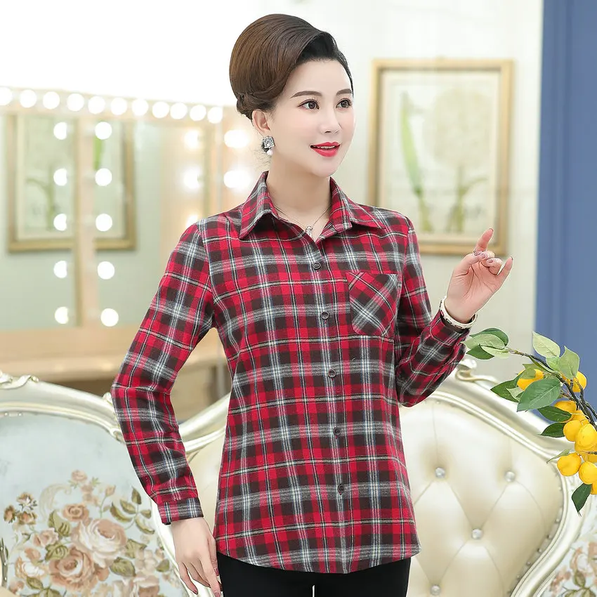 

Red Yellow Blue Plaid Soft Grinding Cotton Shirt For Middle Aged Women Spring Autumn Turn Down Collar Long Sleeve Cozy Top Mom