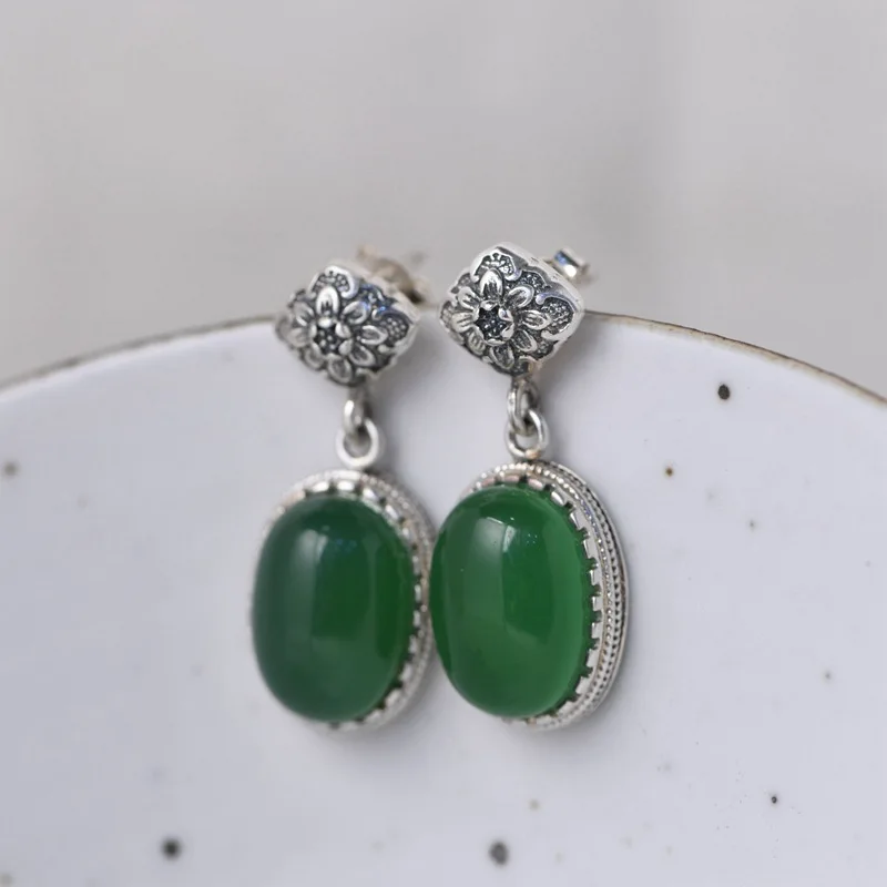 

FNJ Simple Natural Green Agate Earrings 925 Silver Original Pure S925 Sterling Silver Drop Earring for Women Jewelry