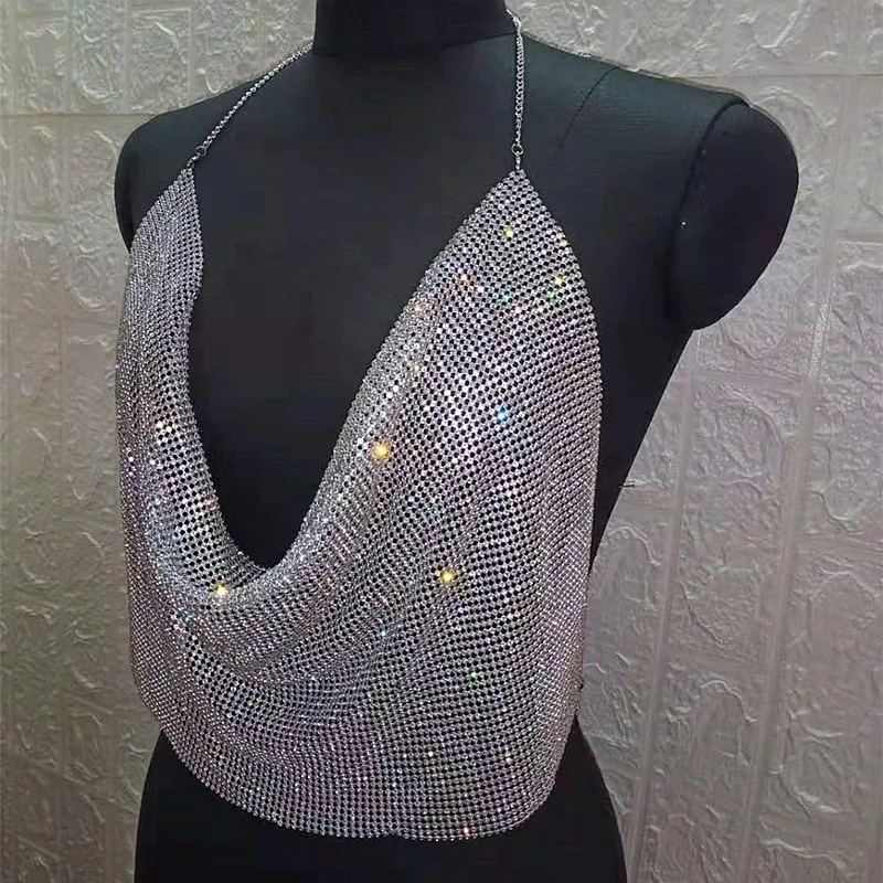 Топ женский блестящий со стразами с открытой спиной стразы | Женская одежда
