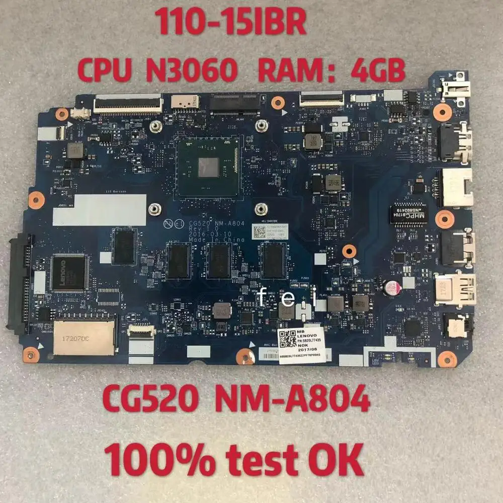 Материнская плата для ноутбука lenovo 110 15IBR CG520 NM A804 CPU N3060 4 Гб FRU:5B20L77435 100% ТЕСТ