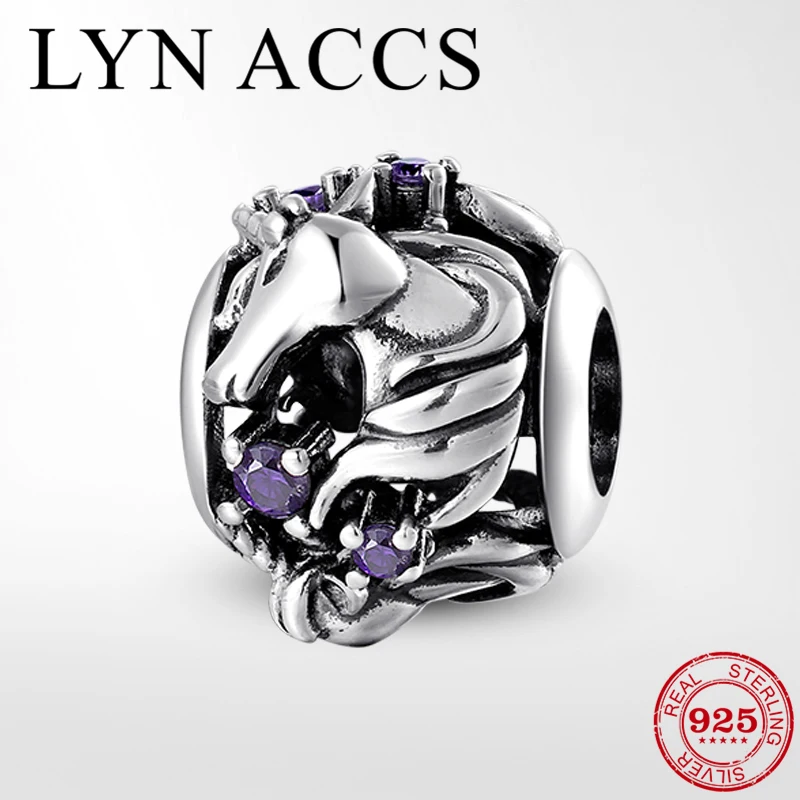 Настоящее 925 пробы серебро смелая мудрость Единорог бусины амулеты фиолетовый