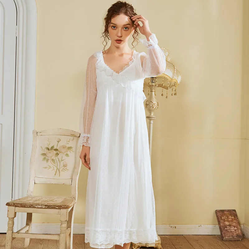 

Женская хлопковая Удобная Ночная рубашка на весну и осень, пикантная кружевная ветрозащитная Пижама принцессы с длинным рукавом и длинным ...