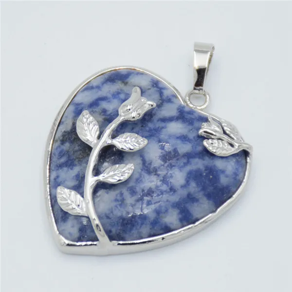 White Dot Blue Романтический покрытый серебром натуральный камень Lapis розовый кристалл кварца Любовь Сердце цветок кулон для женщин ожерелье ювелирные изделия - Окраска металла: White Dot Blue
