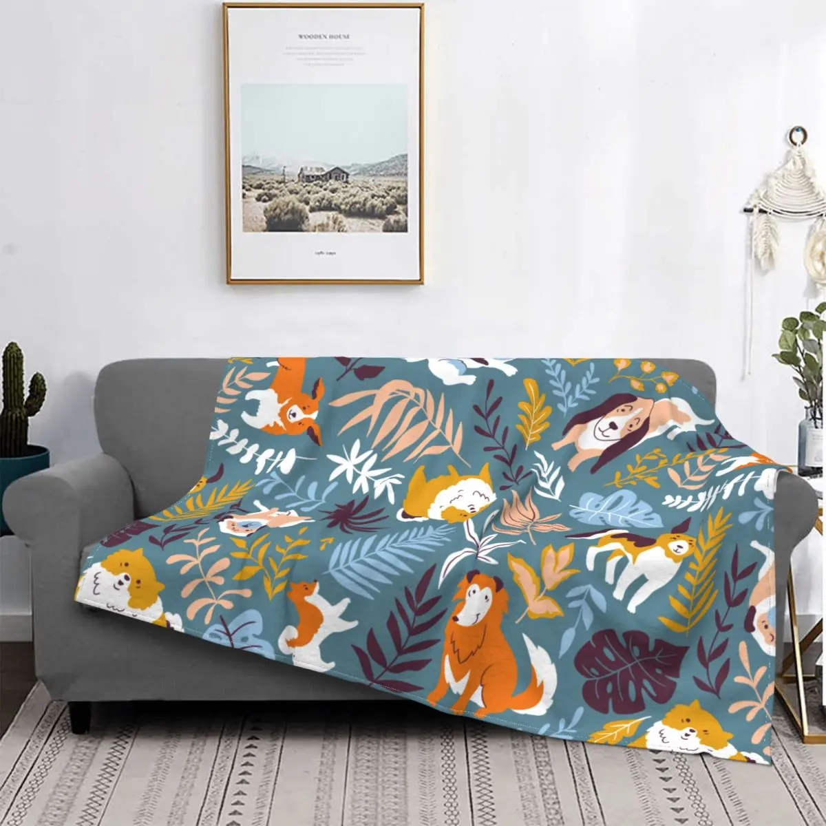 

Stylish Scandi Dogs Tropical Plants Blanket Cover Coral Fleece Plush Dog Lover Warm Throw Blankets for Airplane Travel Bed Rug