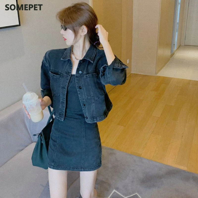 

Autumn New Sexy tight denim suspender dress + long sleeve loose denim short coat two-piece fashion suit women