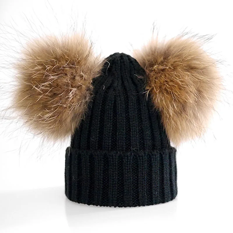 blk natural pom От 6 месяцев до 3 лет зимняя шапка с меховым помпоном для детей шерстяная вязаная шапочка шляпы для девочек - Цвет: blk natural pom