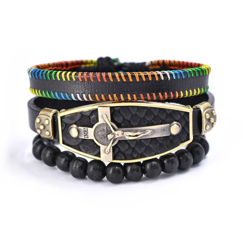 

Wood Beads Jesus Multi-Layer Braided Mens Cowhide Leather Wrap Bracelet