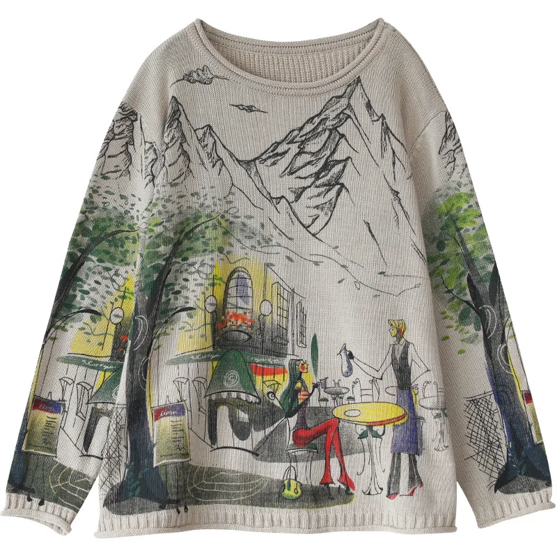 Осенне-весенний свитер для женщин в стиле ретро свободный с круглым вырезом и