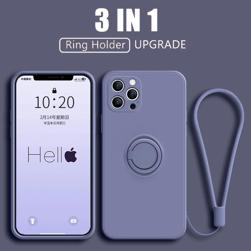 Жидкий силиконовый чехол с кольцом-держателем для телефона iPhone 11 мягкий 12 Mini Pro X XR