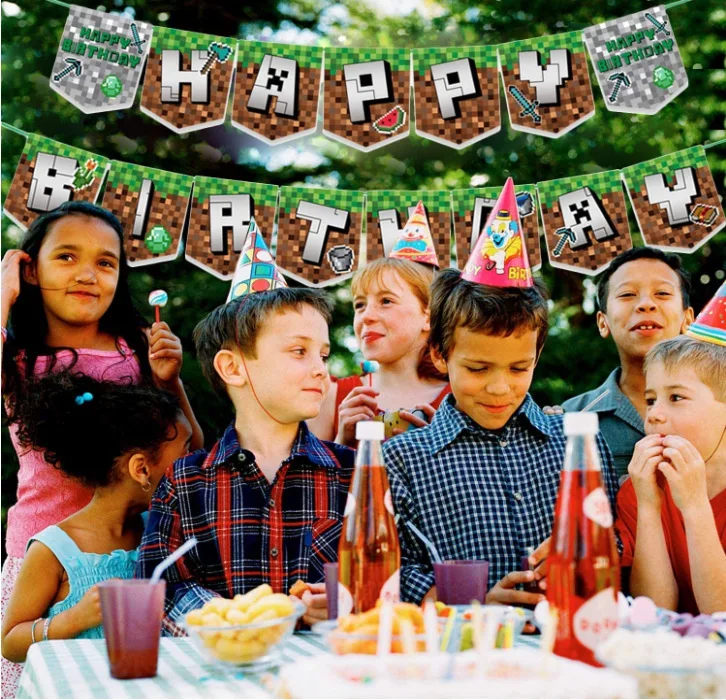 

Little World Pixel War Party Set Happy Birthday Decoration Banner Cake Game Green Theme Aluminum Film Balloon Decoration Party