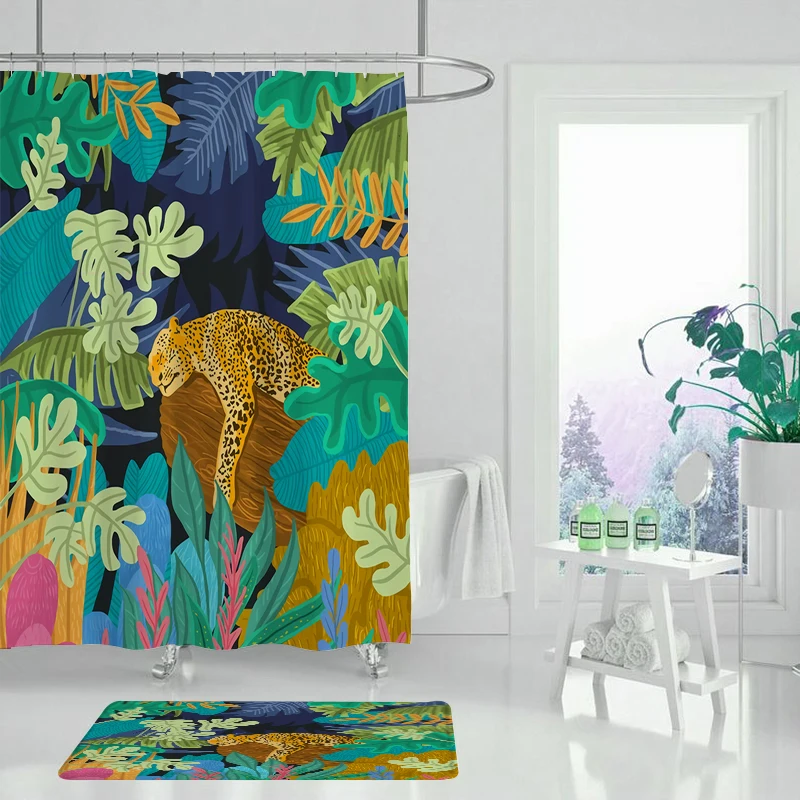 Занавеска для душа с милыми животными зеленые растения цветы листья красивый