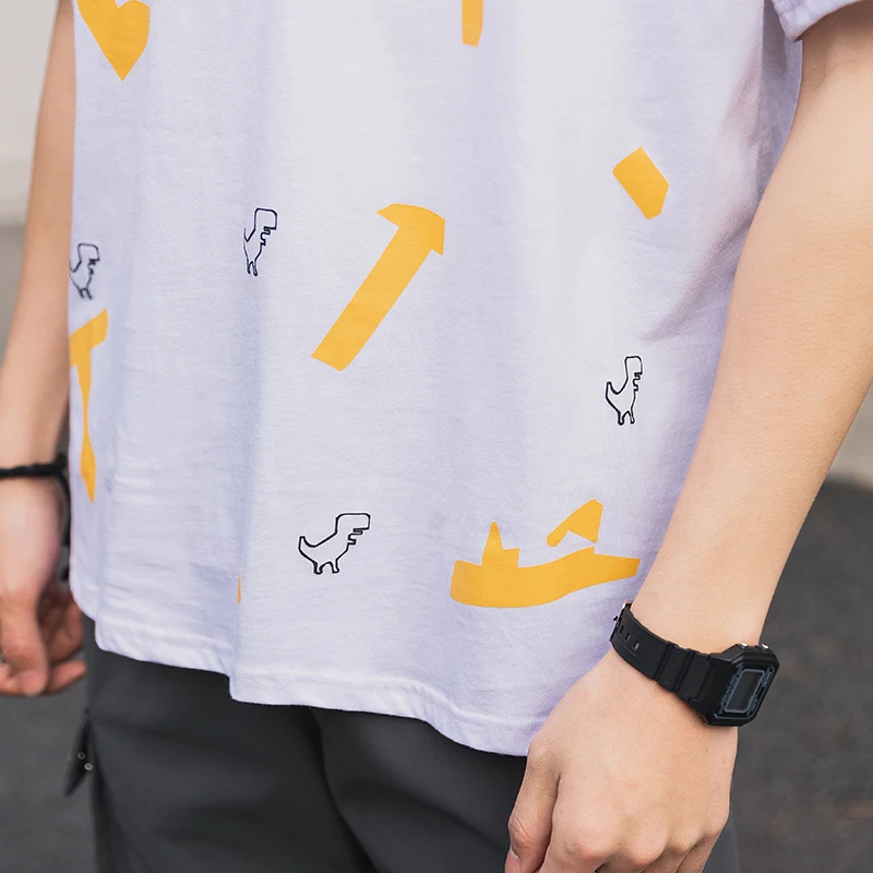 

100% Cotton Personality Print Men Tshirt Loose Style Tees Wide Shoulder Leisure Shirt Half Sleeves Tops Black White M-3XL368