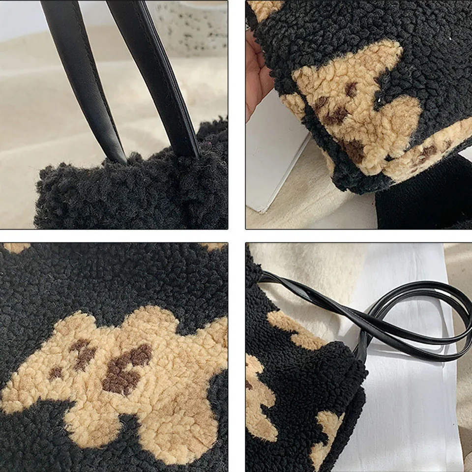 

Winter Women Lamb Like Fabric Shoulder Bag Cute Bear Handbags Tote Large Capacity Shopping Bag Crossbody Bags for Women 2021