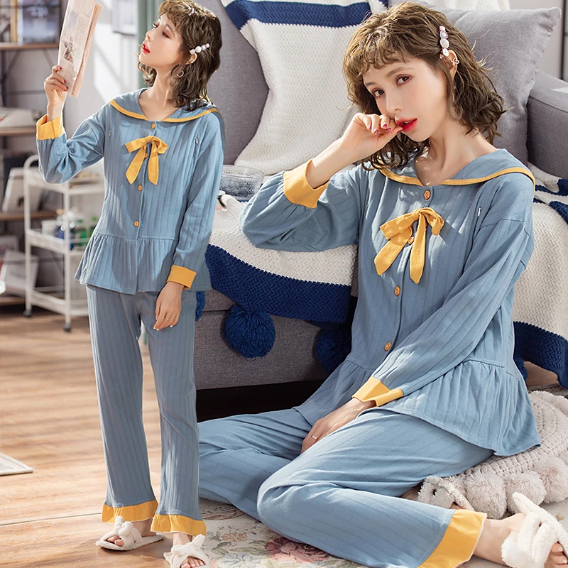 

EA Pregnant Women Pregnancy Pajamas Homewear 100% Cotton Maternity Nursing Sleepwear Sets Korean Breastfeeding Feeding Lounge