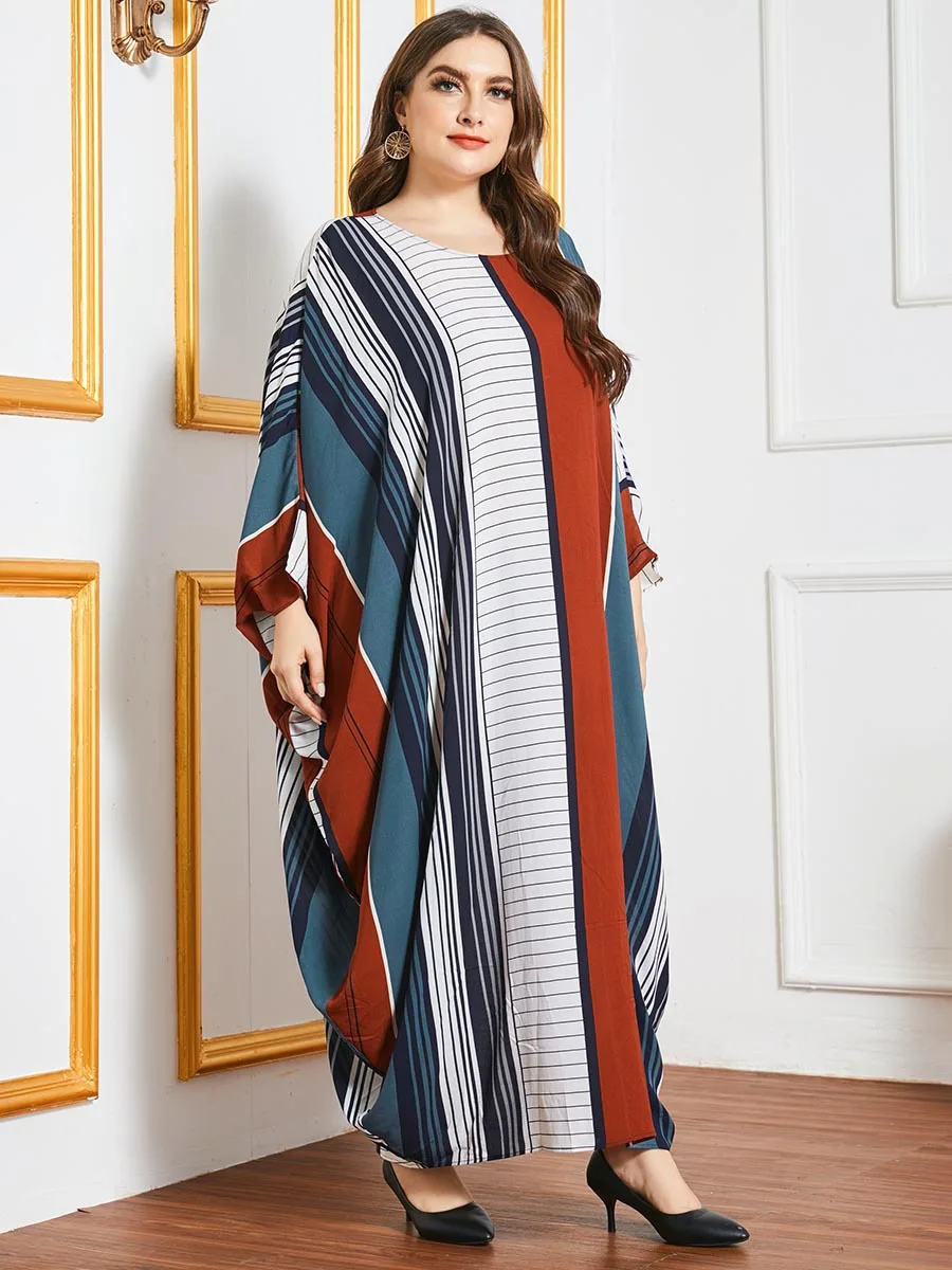 Ukuran Besar Indonesia Muslim Wanita Kebesaran Longgar Bergaris Cetak Abaya untuk Wanita Lengan Panjang Jubah Afria Pakaian