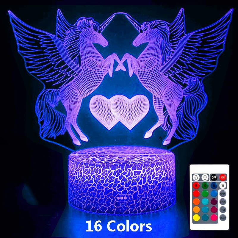 Style1-16 Color 16 цветов 3D светильники в виде Единорога животное лошадь ночник сенсорный контроль светодиодный светильник Оптическая иллюзия Лампа рождественские подарки игрушки украшение свет - Испускаемый цвет: Style1-16 Color