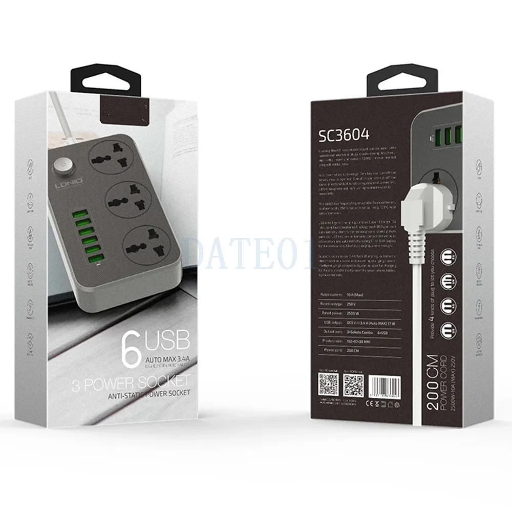 Универсальный разъем для зарядки с 6 Usb-портами 2500 Вт 10 А 1 м 110/230 В | Обустройство