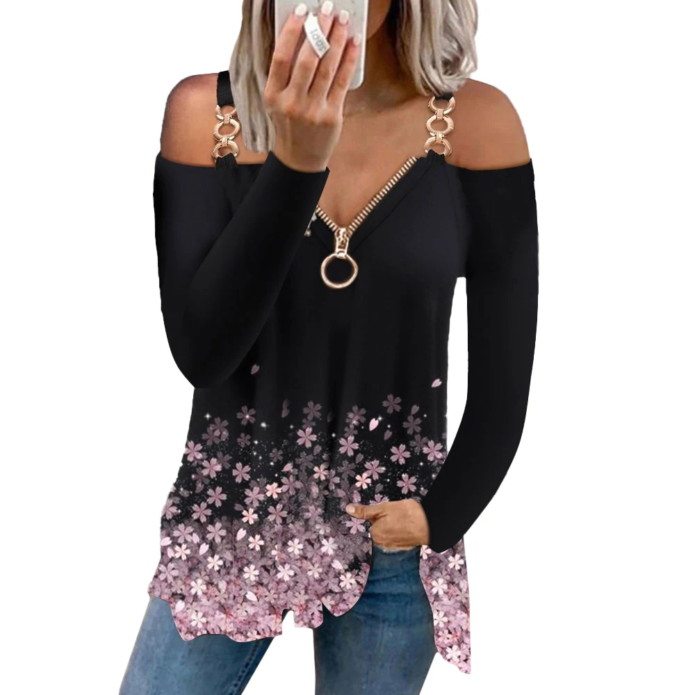 

Женский Повседневный Топ на молнии с открытыми плечами и цветочным принтом, новинка 2021, футболка с V-образным вырезом, женские туники, топы, м...