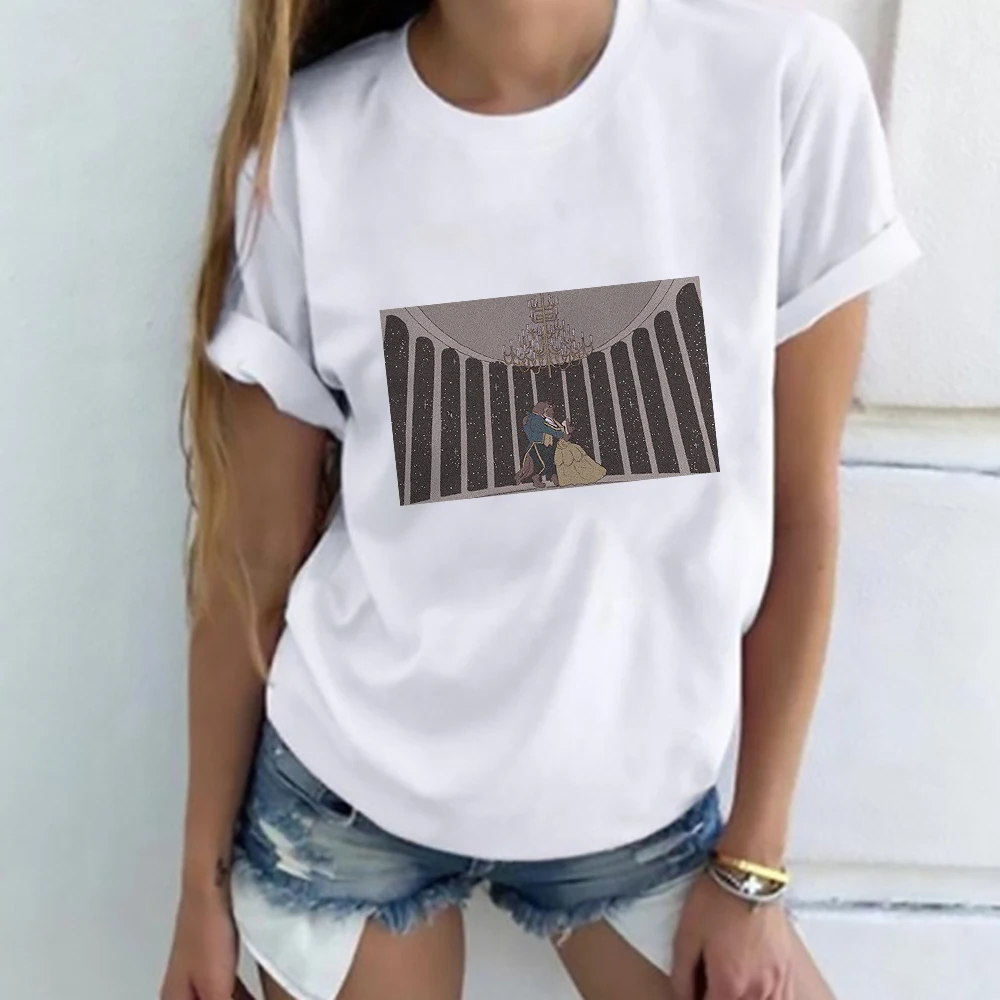 

Aesthetic Graphic Girls Tees Cute Belle Beauty And The Beast Printed Women T-shirts Round Neck Summer Comfort Tops Female Funny