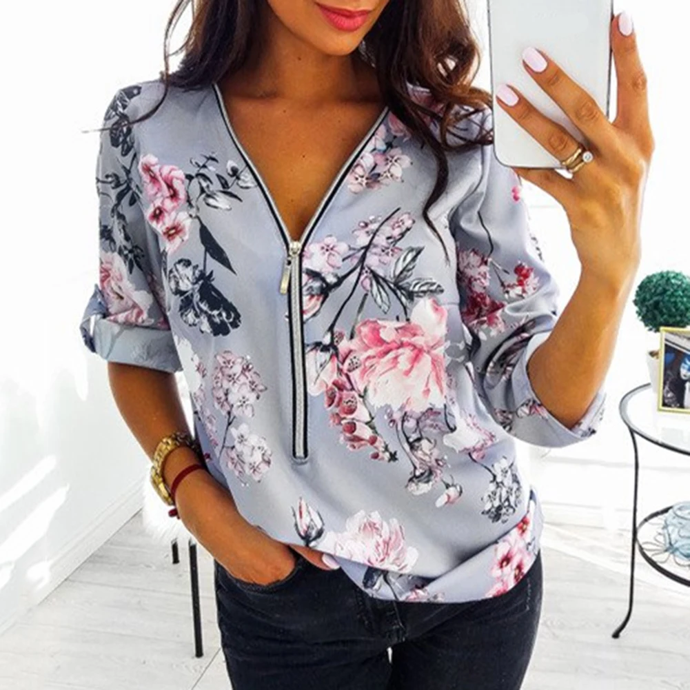 

Casual Women Shirt Solid Color Short Sleeve Deep V Neck Ruffled Hem Blouse Top Summer Retro Print Zipper Neck Fashion Plus Size