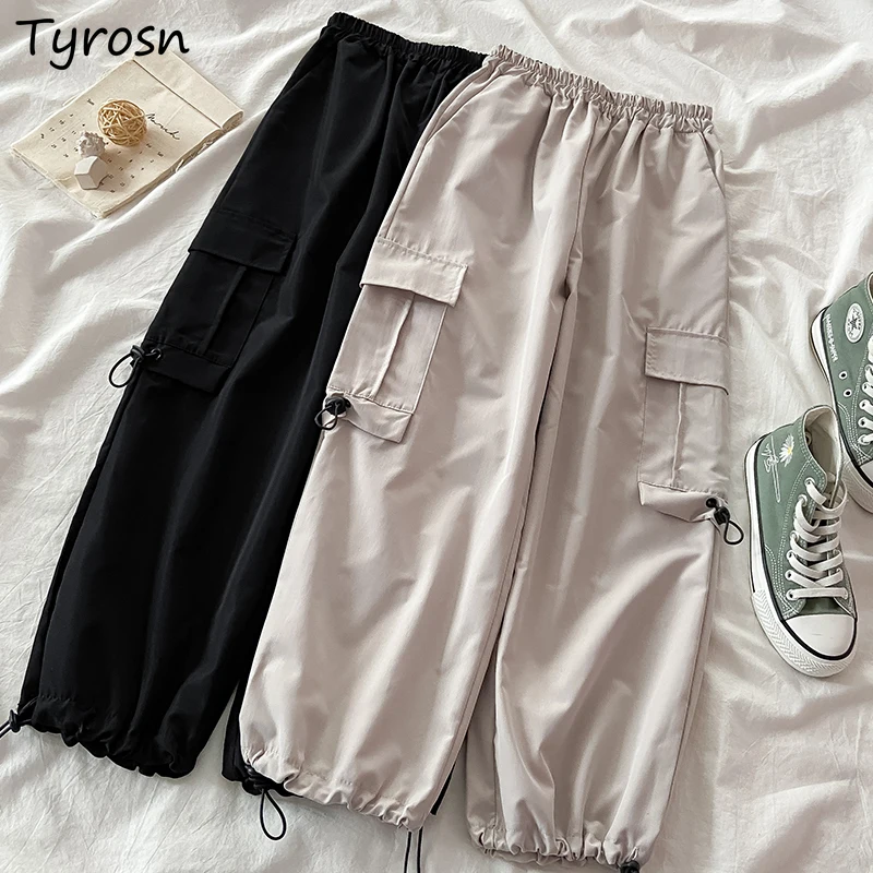 

Casual Pants Women Harajuku Pockets Loose All-match Cargo Pant Tooling Safari Style Elastic Waist Bundle Feet Trousers Teens BF