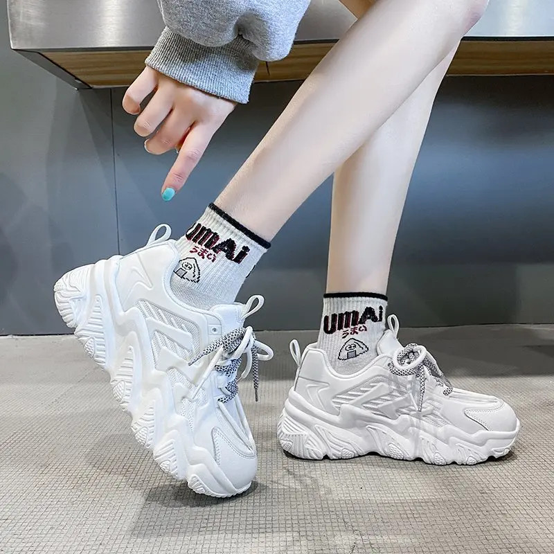 

Lucyever Chunky Platform White Sneakers Women 2021 Spring High Top Lace Up Sports Shoes Woman Casual Pu Leather Footwear Female