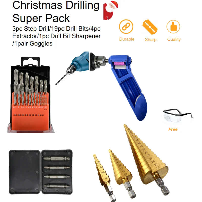 

WeDeal Christmas Spring Drilling Super Pack 3Pcs Step Drill/ Drill Bits/ Extractor/ Drill Bit Sharpener / Goggles Big Discount