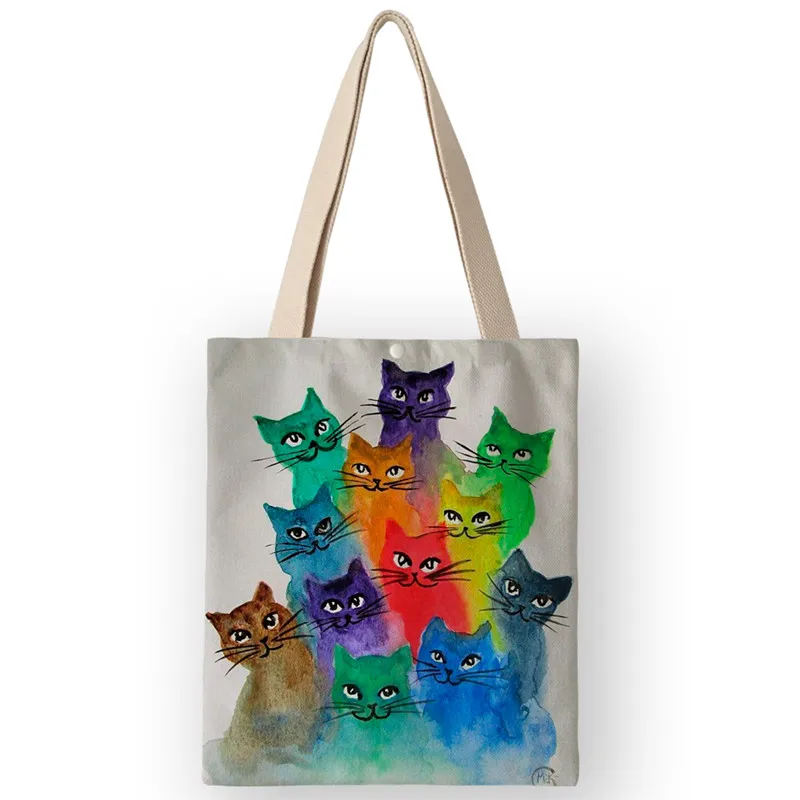 AKB01062 Casual Canvas Bags For Women 2019 Personalized Cartoon Cat Print Handbags Large Capacity Tote Bag with Pockets