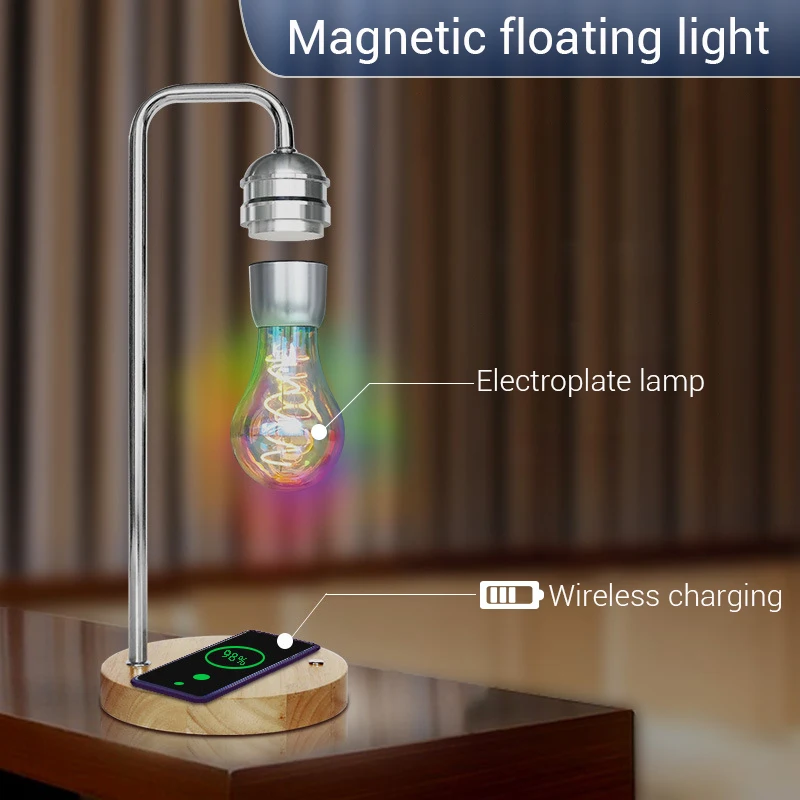 Novelty LED Magnetic Levitation Bulb Hover Floating Desk Lamp Magic Black Tech Wireless Charger for Phone Christmas Gift