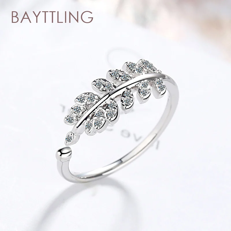 

BAYTTLING Silver Color High Quality Luxury Zircon Leaf Open Ring For Woman Fashion Wedding Jewelry Couple Ring Gift