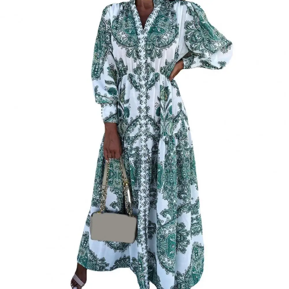 

Ele-choices S-2XL Women Dress Ethnic Print V Neck Dress Autumn Long Sleeve with Split Hem Dress for Party Daily&Work