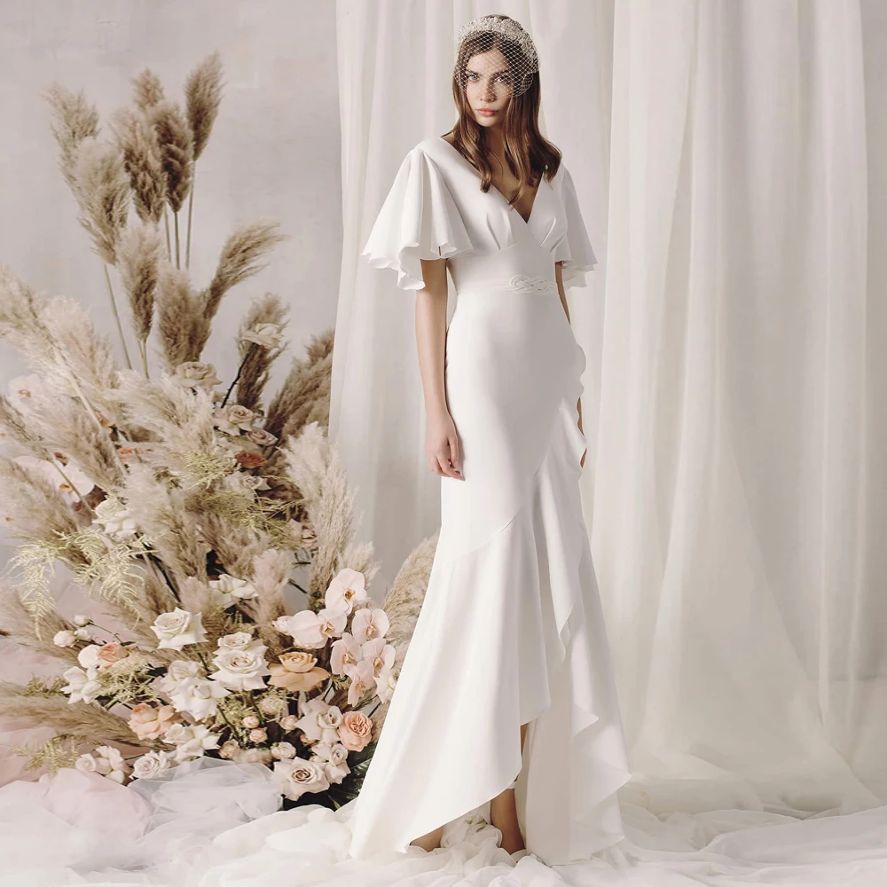 

Vestidos Elegant Wedding Dresses Jersey Sashes V-Neck Half Sleeve Zipper Hi-Lo Bridal Gowns