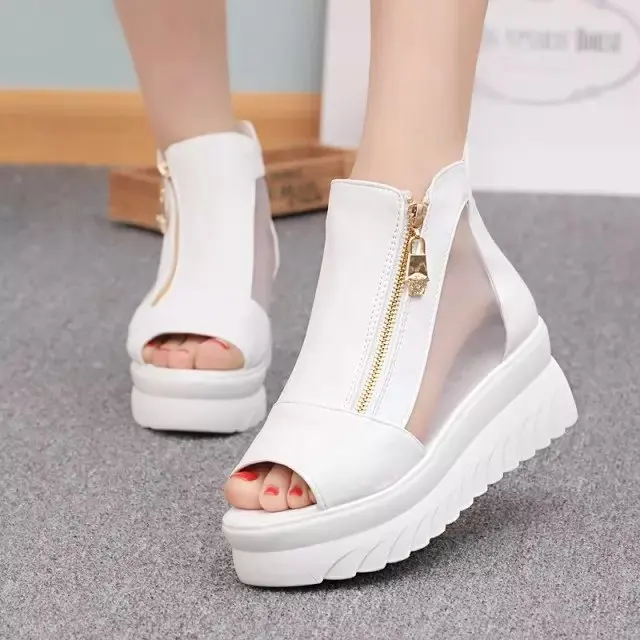 

2021 summer fashion fish mouth net shoes open toe women's shoes muffin thick soled ROMAN SANDALS slope heel cool boots