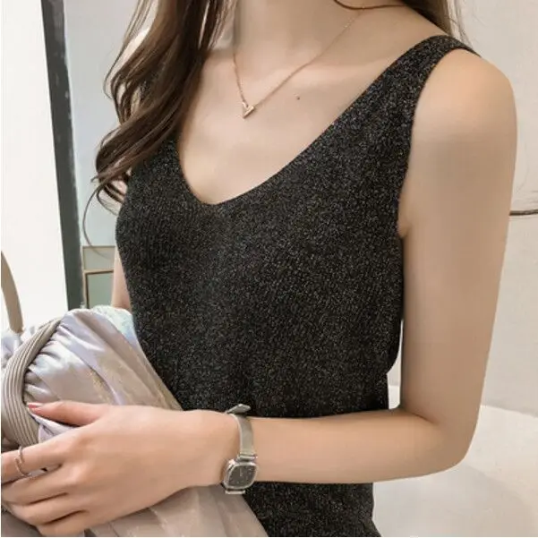

V Neck Summer Knit Sleeveless Women Tank Top Sexy Basic T Shirt Off Shoulder Ribbed Basic Tank Top Casual Camisole
