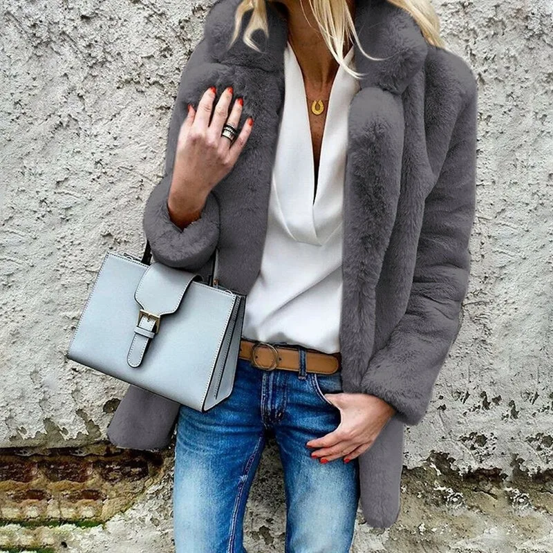 

Women Faux Fur Coat Autumn Winter Fluffy Warm Plush Teddy Jackets Fashion Long Sleeve Lapel Fur Coats Overcoat Ladies Outerwear