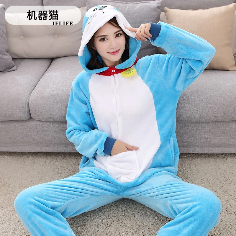 Kigurumi Doraemon Pajama Adult Animal Onesie Women Men Couple Anime Winter Pajamas Suit Sleepwear Flannel Pijamas
