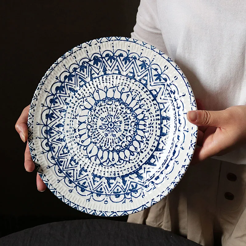 Керамическая трехмерная керамическая тарелка синяя печатная посуда из