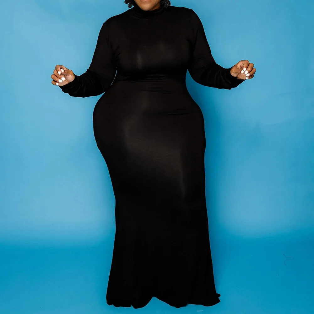 

Dress 2021 Autumn Winter Solid Color Turtleneck Long Sleeve Long Dress Fashion Casual Plus Size Women's Fashion 5XL African