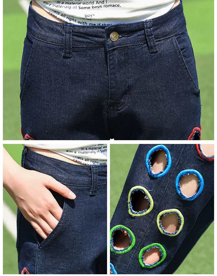 

2021 Fashion Jeans Pants Womens Summer Ankle Length Jeans Holes Decorate Straight Cropped Pants Female Casual Trousers