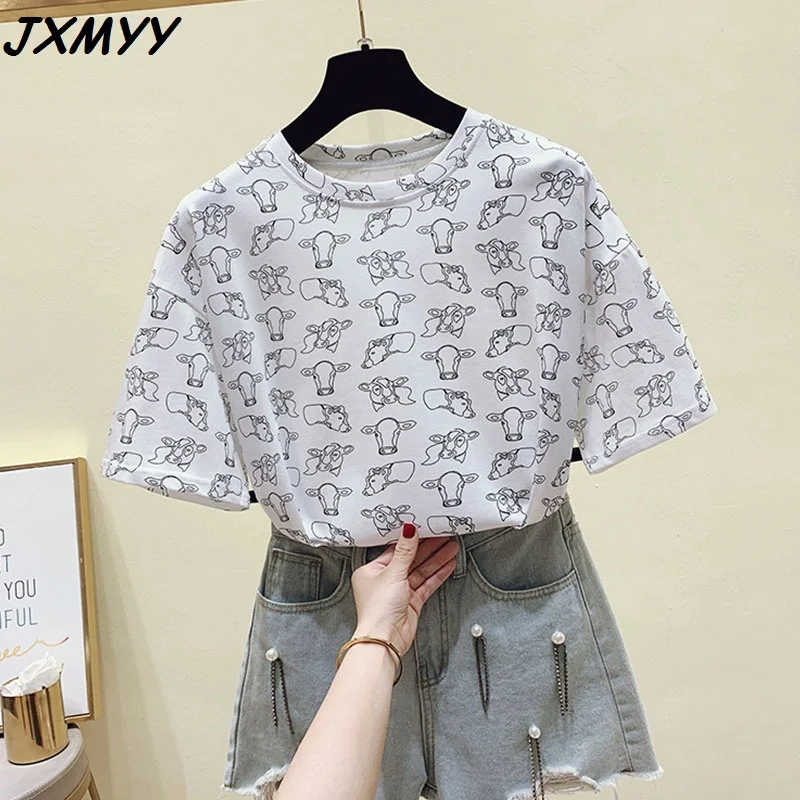 

2021 summer fashion new niche design round neck full-print cotton cartoon short-sleeved T-shirt JXMYY